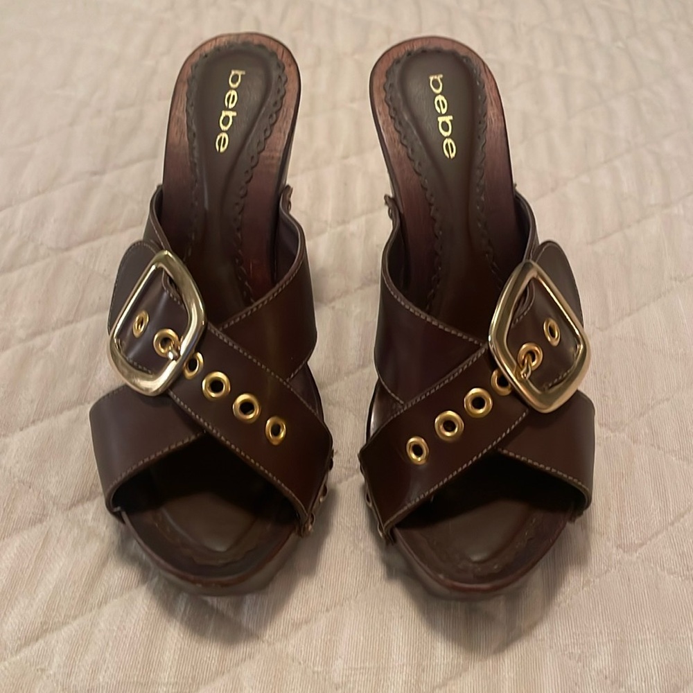 Bebe wood platform sandals with gold buckle size 8